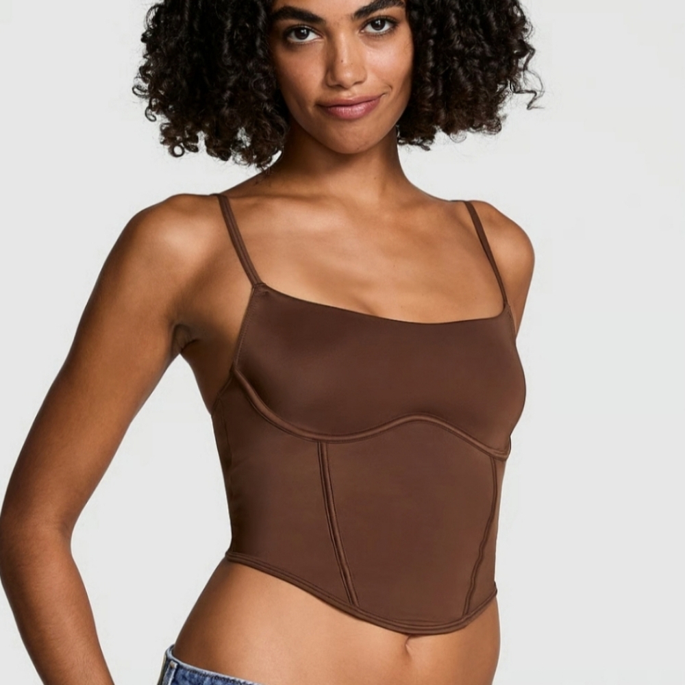 PINK The Cinched Micro Corset Top Ganache Brown Size Medium 🆕
